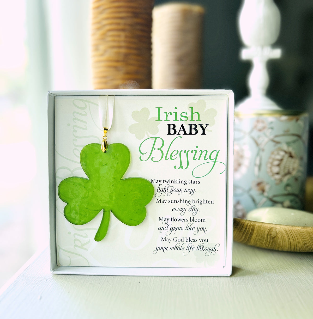 Glass shamrock and Irish Baby Blessing sentiment.