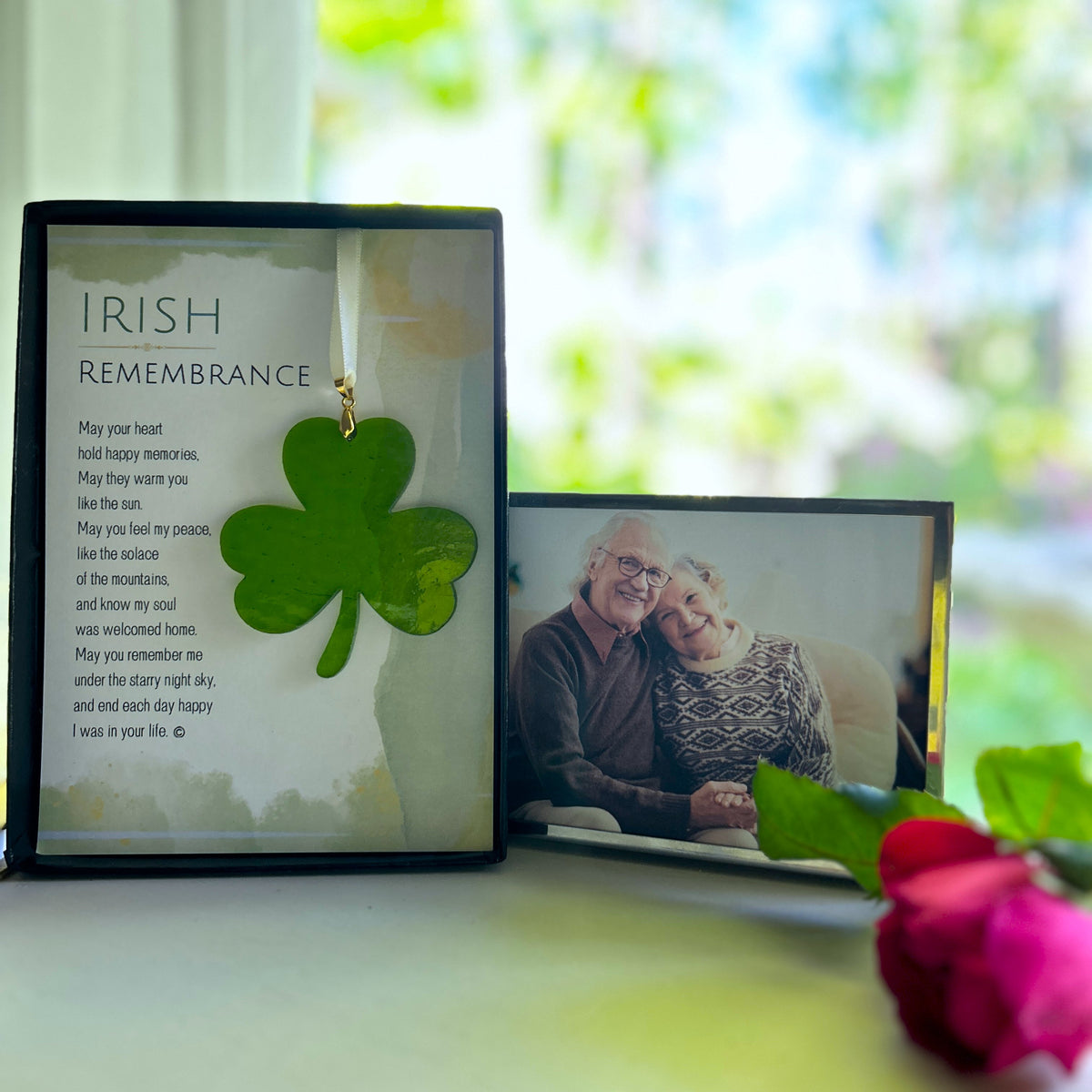 Irish Remembrance memorial gift on a desk next to a photo frame..