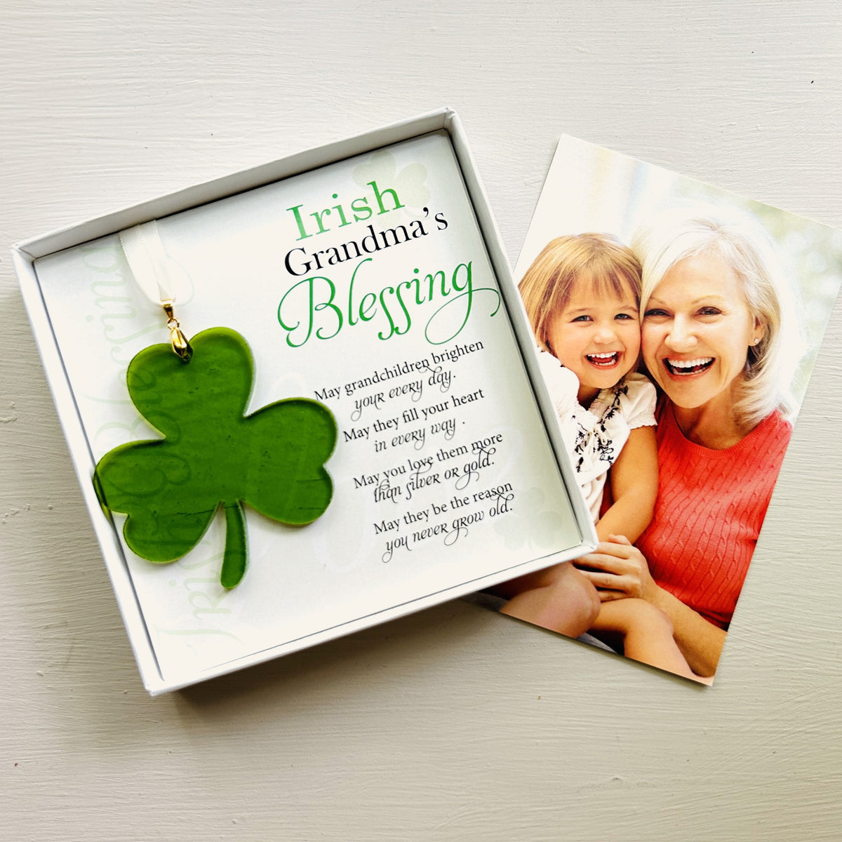 Irish Grandma&#39;s Blessing Gift with photo of her grandma and her granddaughter in background.