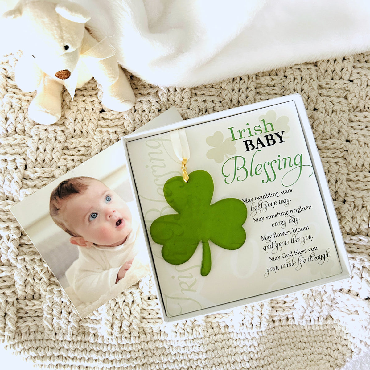 Irish Baby Blessing Gift with photo of baby in background.