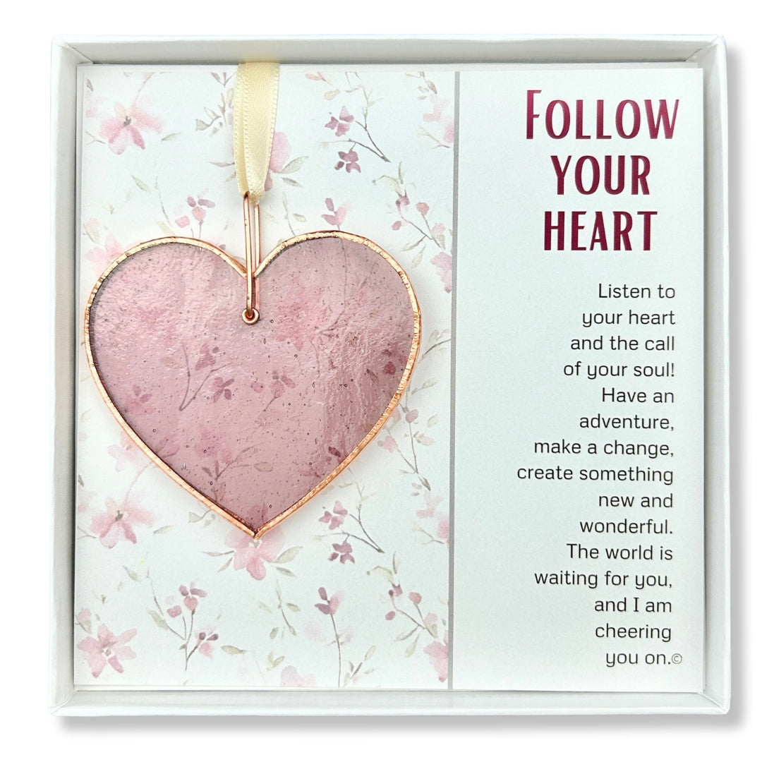 Rose Mauve stained glass heart with copper edging and ring packaged with &quot;Follow Your Heart&quot; Poem in a white box with a clear lid.