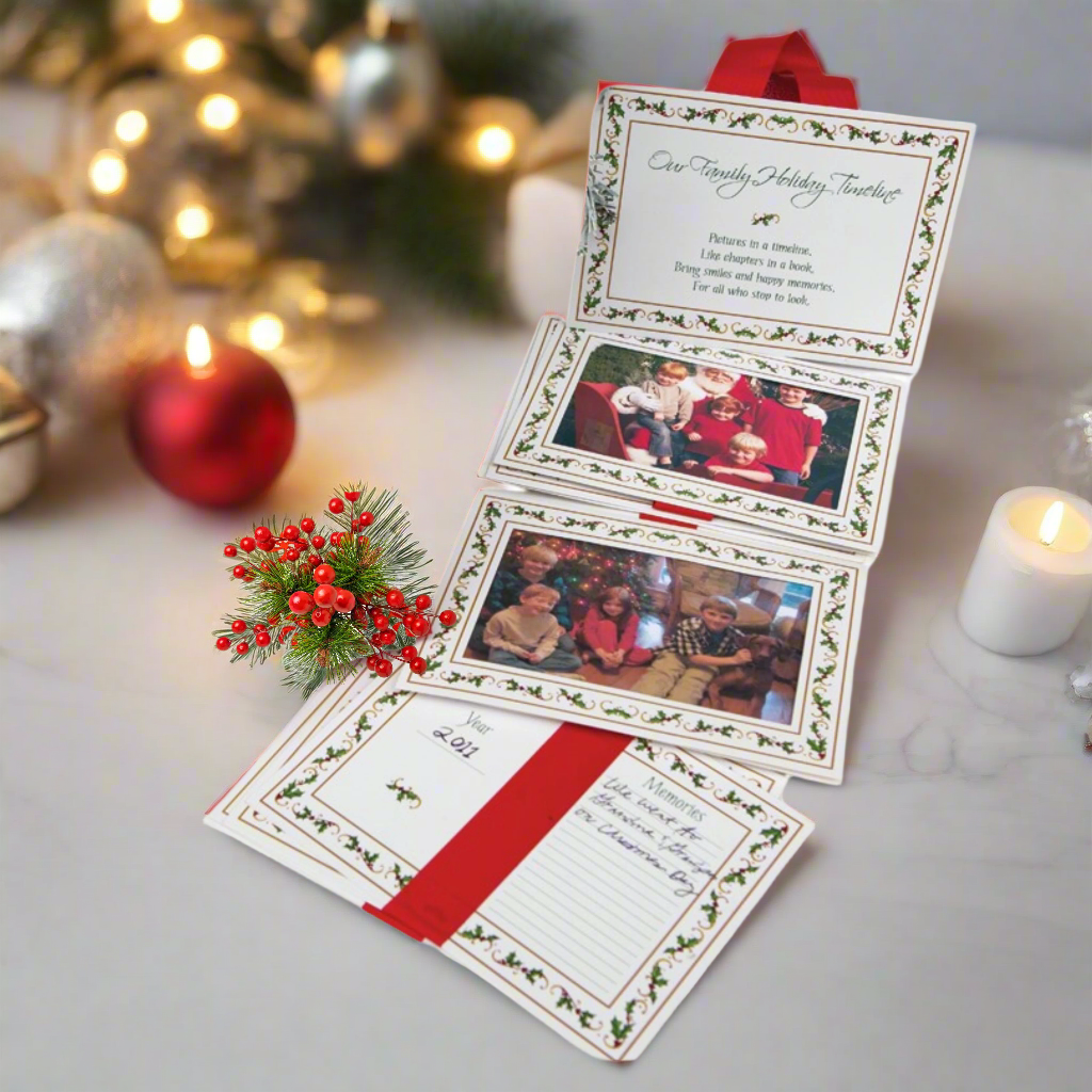 Holiday timeline on a table in a Christmas setting.