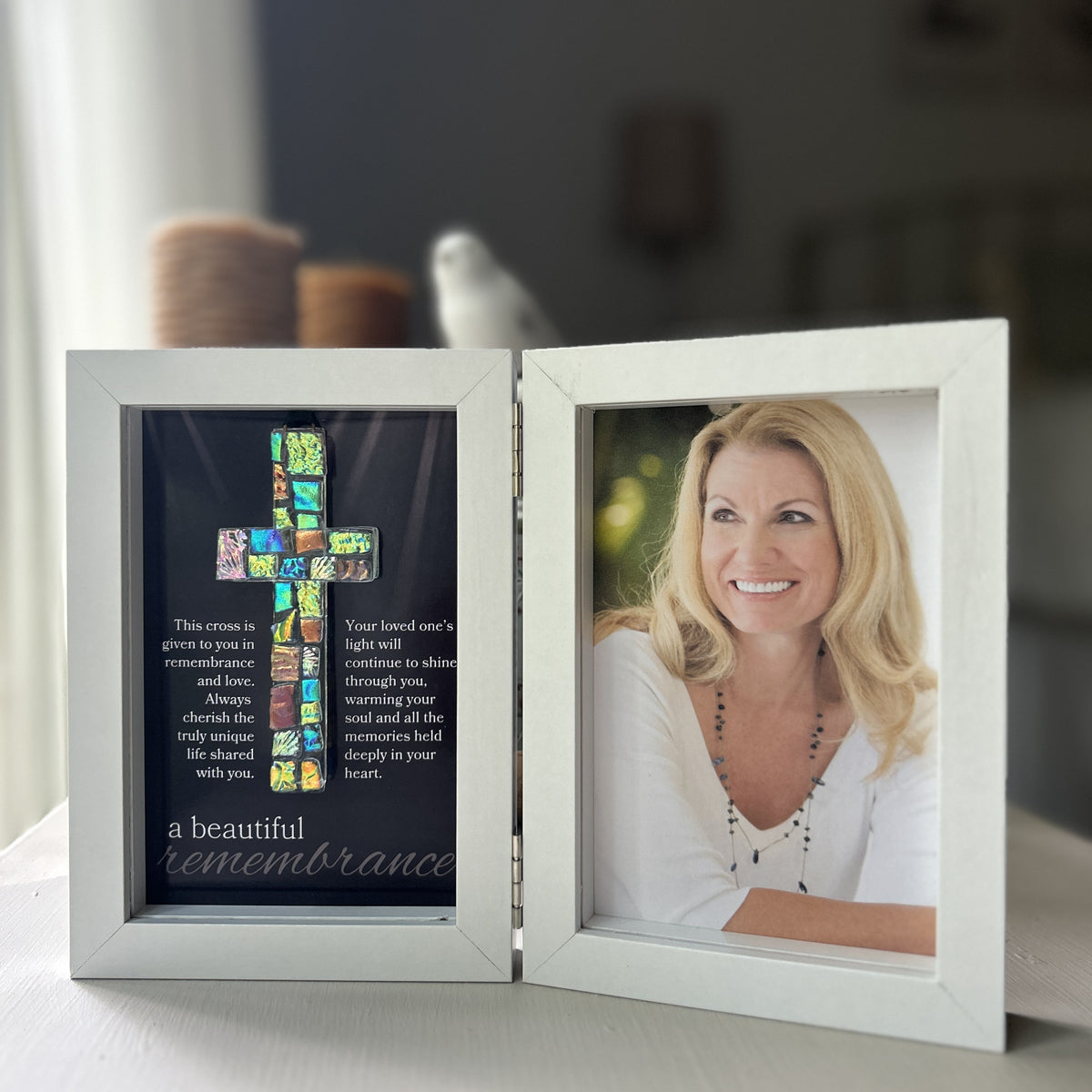 Memorial double frame with sentiment and 4&quot; glass cross on one side and space for a 4x6&quot; photo on the other side.