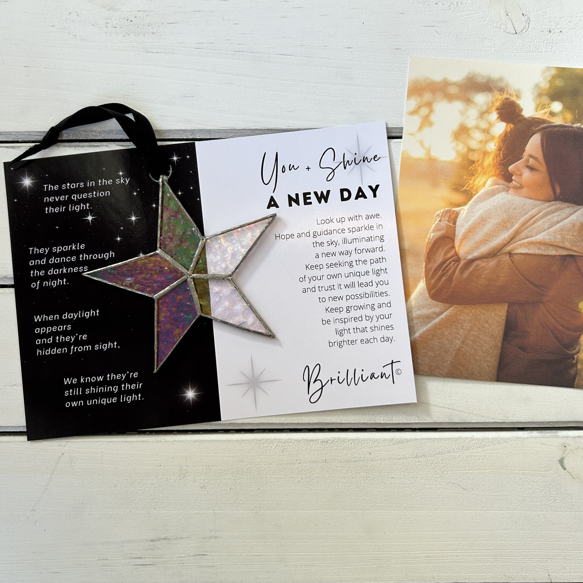 A New Day encouragement star and artwork with the &quot;You + Shine&quot; poem on the left side and the &quot;A New Day&quot; sentiment on the right side.