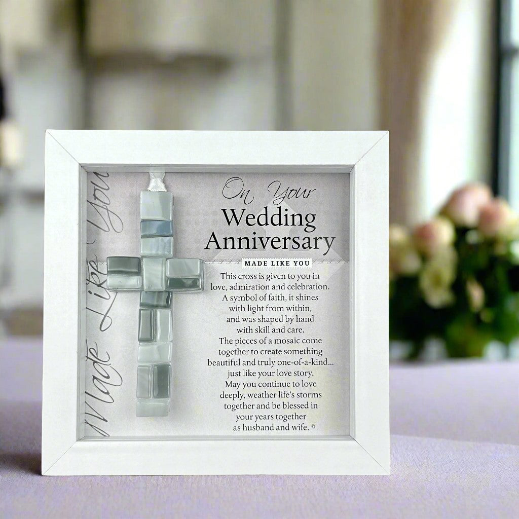 4&quot; gray mosaic glass cross with &quot;On Your Wedding Anniversary&quot; sentiment in white shadow box frame.