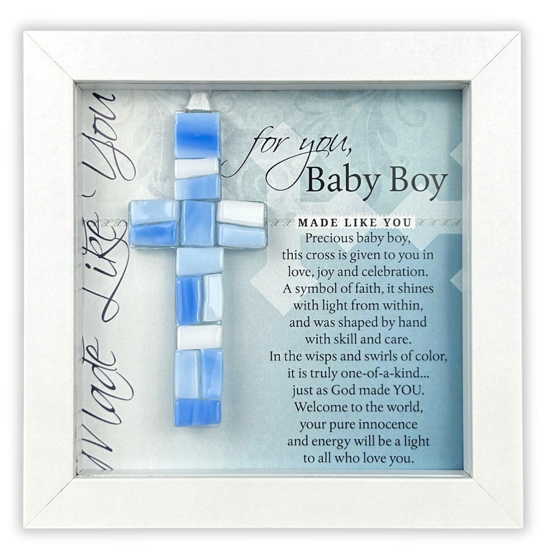 Handmade 4&quot; blue mosaic glass cross and &quot;For You, Baby Boy&quot; sentiment in white shadow box frame.