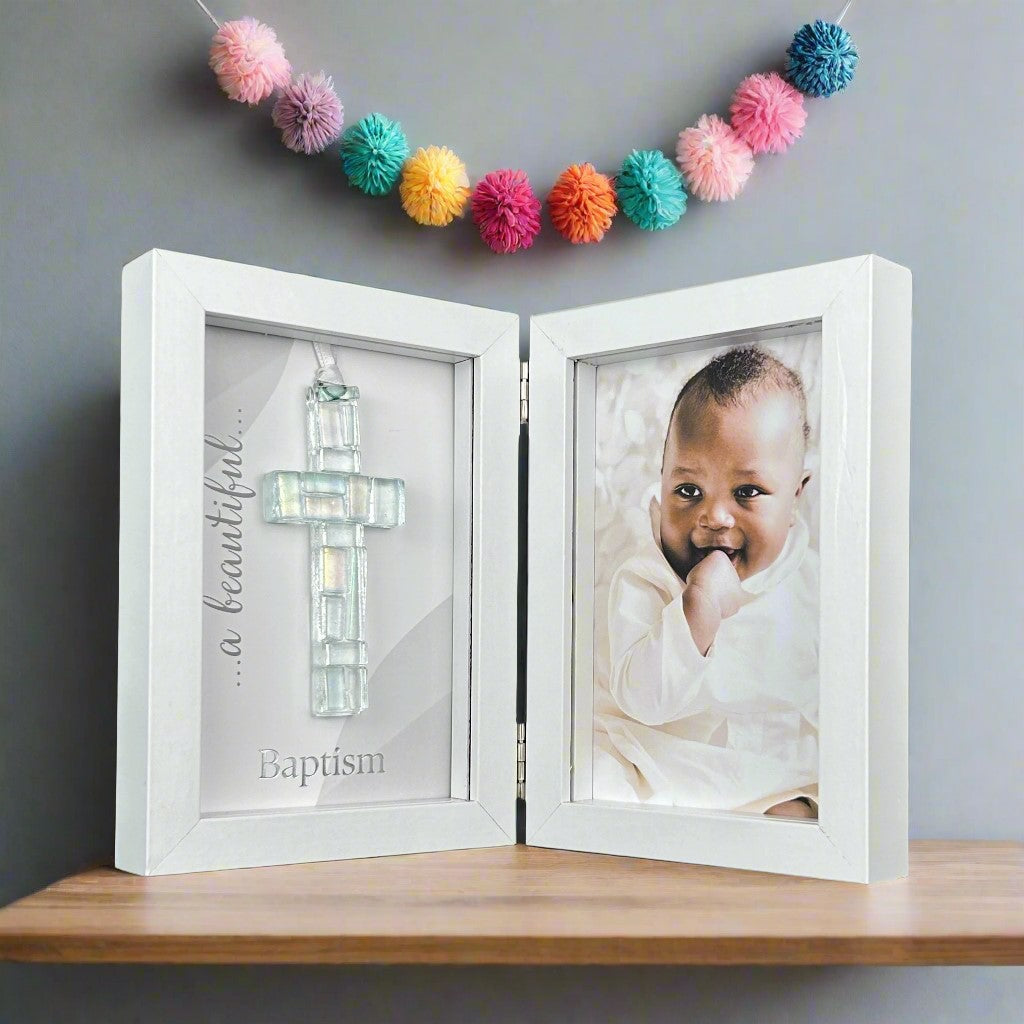 Baptism Gift - 4x6 double shadow box frame with handmade 4&quot; clear iridescent glass cross and &quot;a beautiful Baptism&quot; sentiment on one side and space for a 4x6 photo on the other.