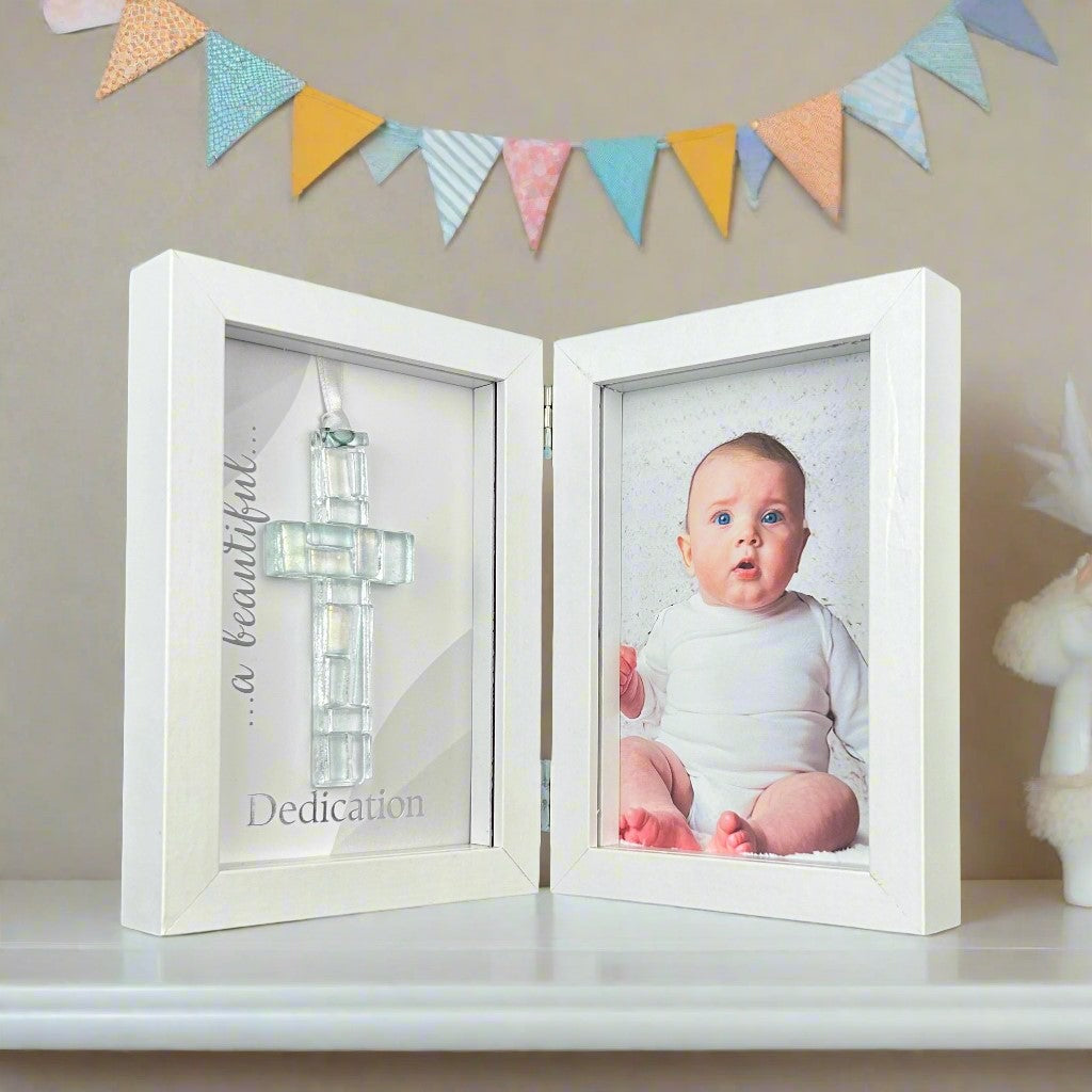 Dedication Gift - 4x6 double shadow box frame with handmade 4&quot; clear iridescent glass cross and &quot;a beautiful Dedication&quot; sentiment on one side and space for a 4x6 photo on the other.