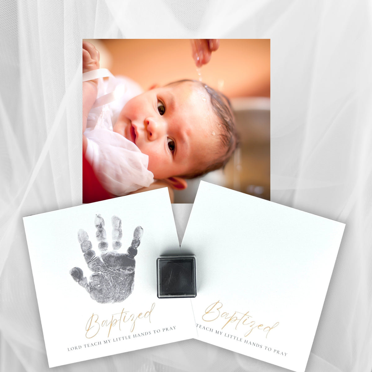 Frame comes with a sample piece of art with a handprint, a blank piece of art for the child&#39;s handprint, and an ink pad.