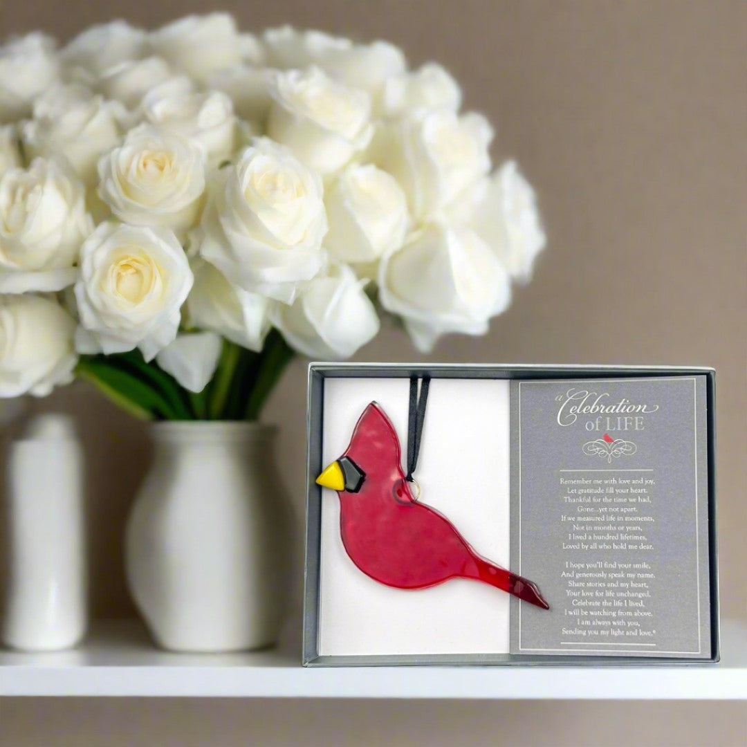 Sympathy gift with handmade glass cardinal and gift card.