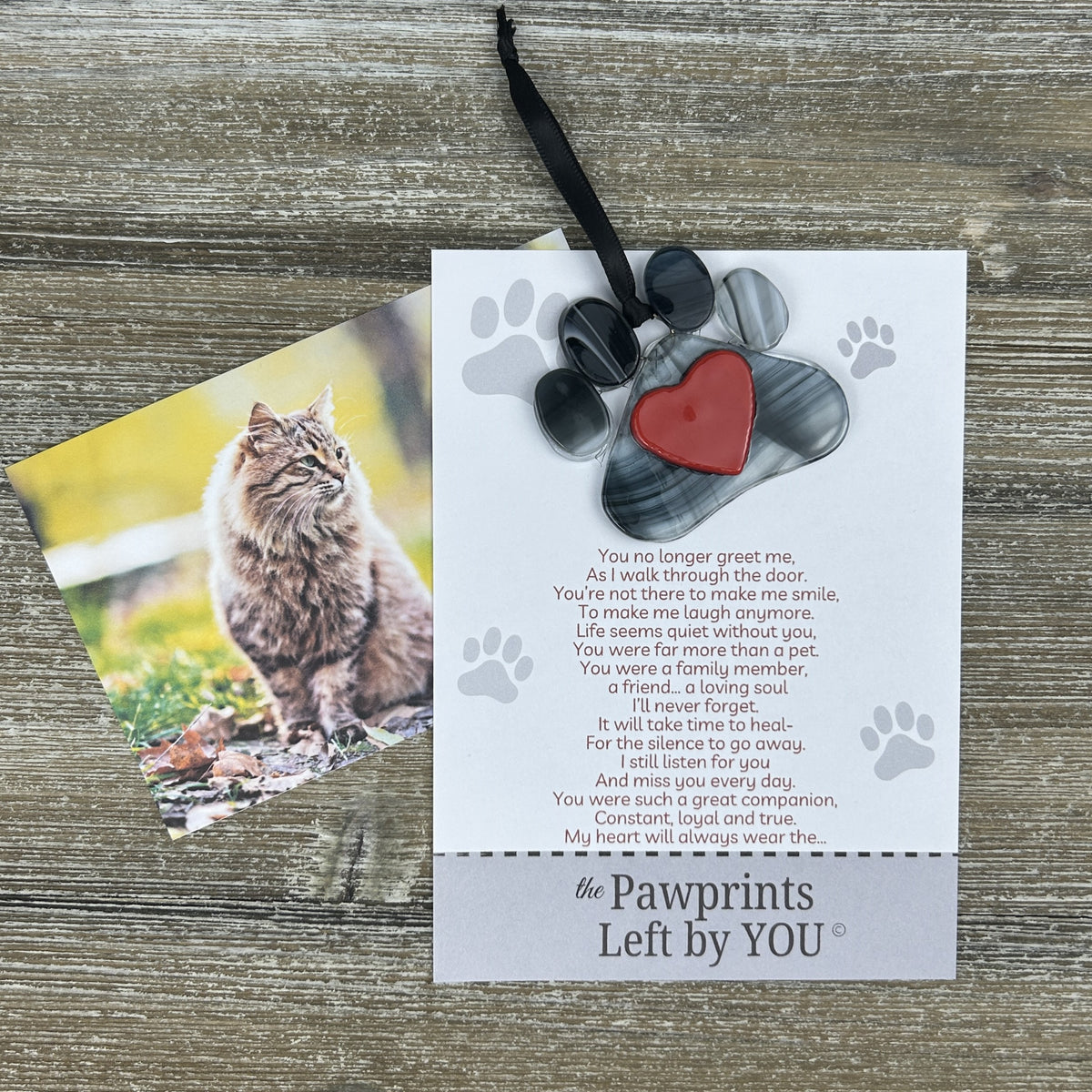 Pet sympathy poem and ornament for a bereaved cat.