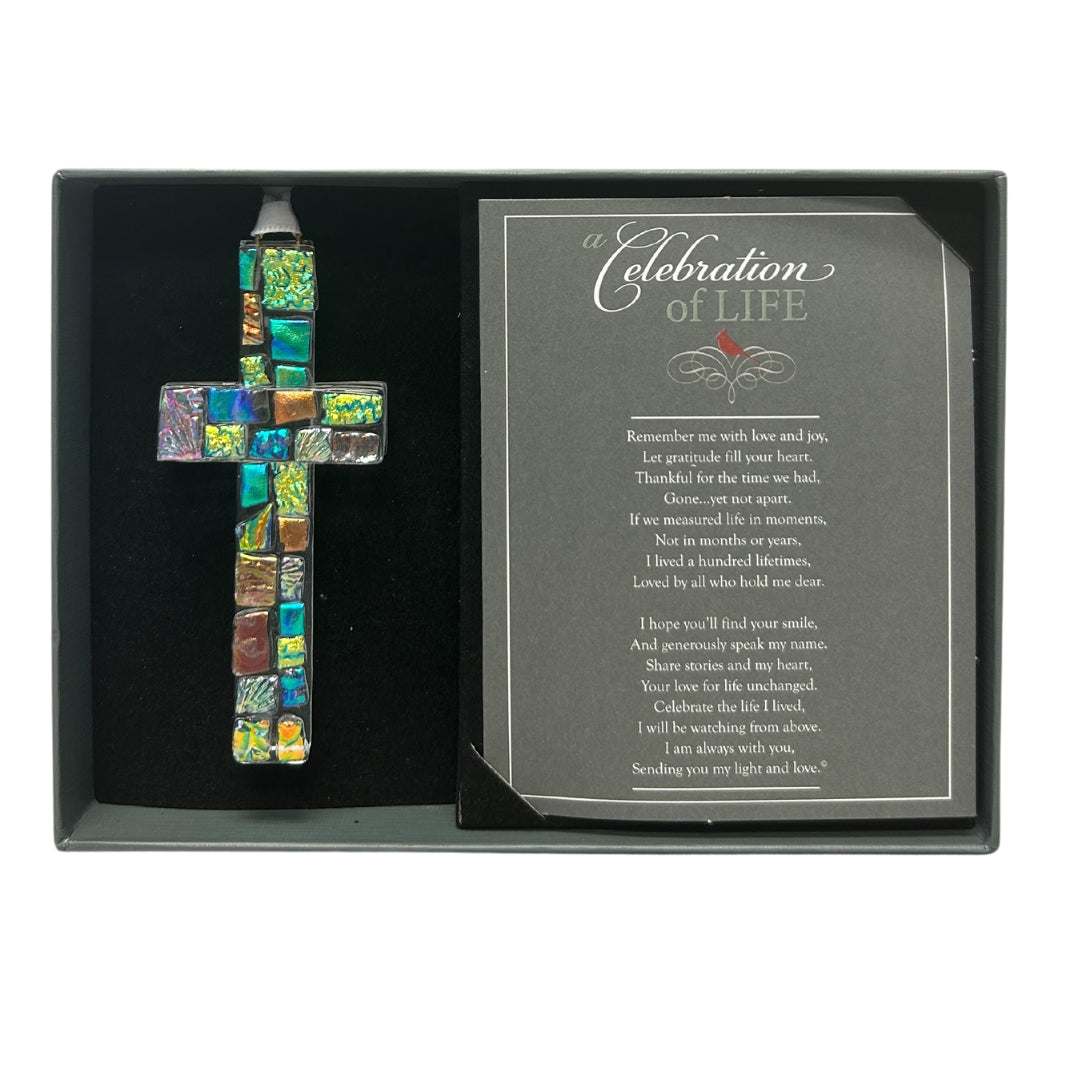 4&quot; dichroic glass cross ornament beautifully packaged with &quot;Celebration of Life&quot; poem card in a gray linen box.