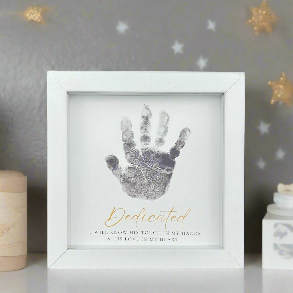 5x5 white frame with &quot;Dedicated&quot; Sentiment with space for a child&#39;s handprint.