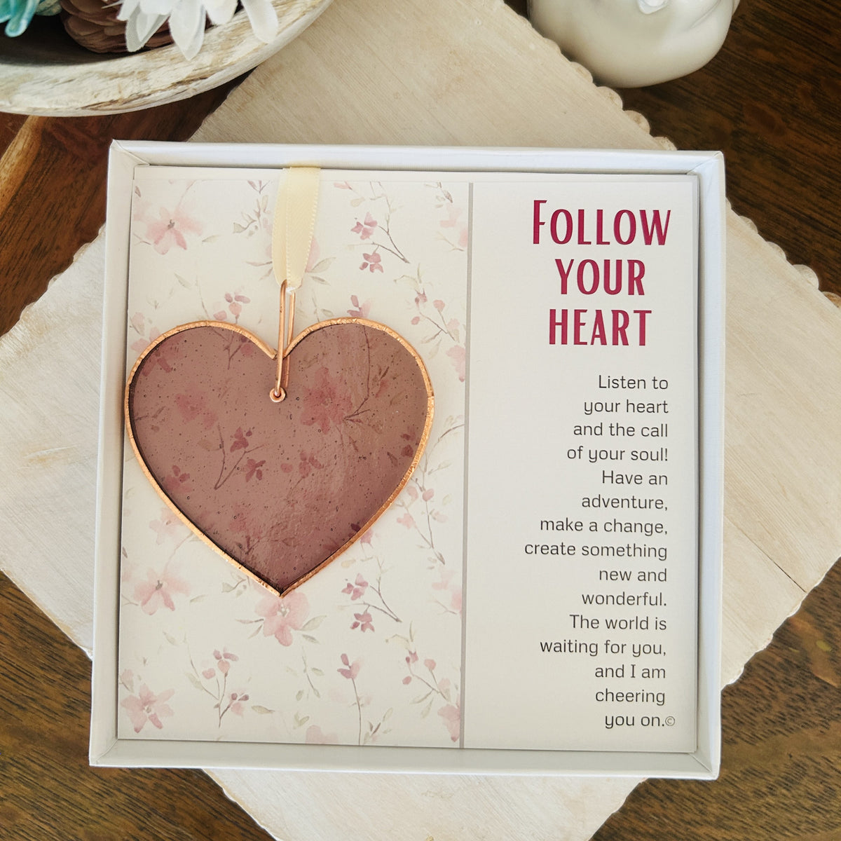 Follow Your Heart artwork with poem and pink stained glass heart.