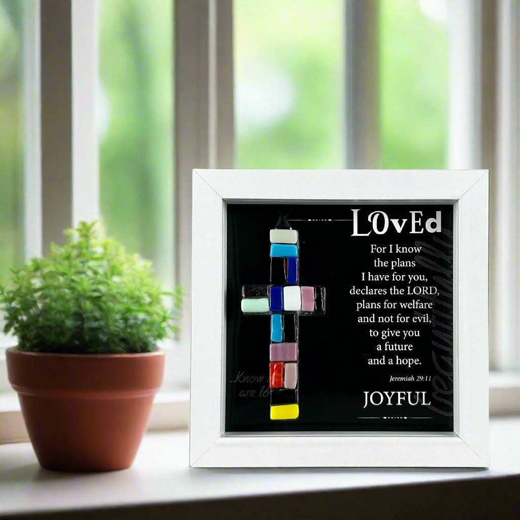 Framed &quot;Loved&quot; cross and sentiment.