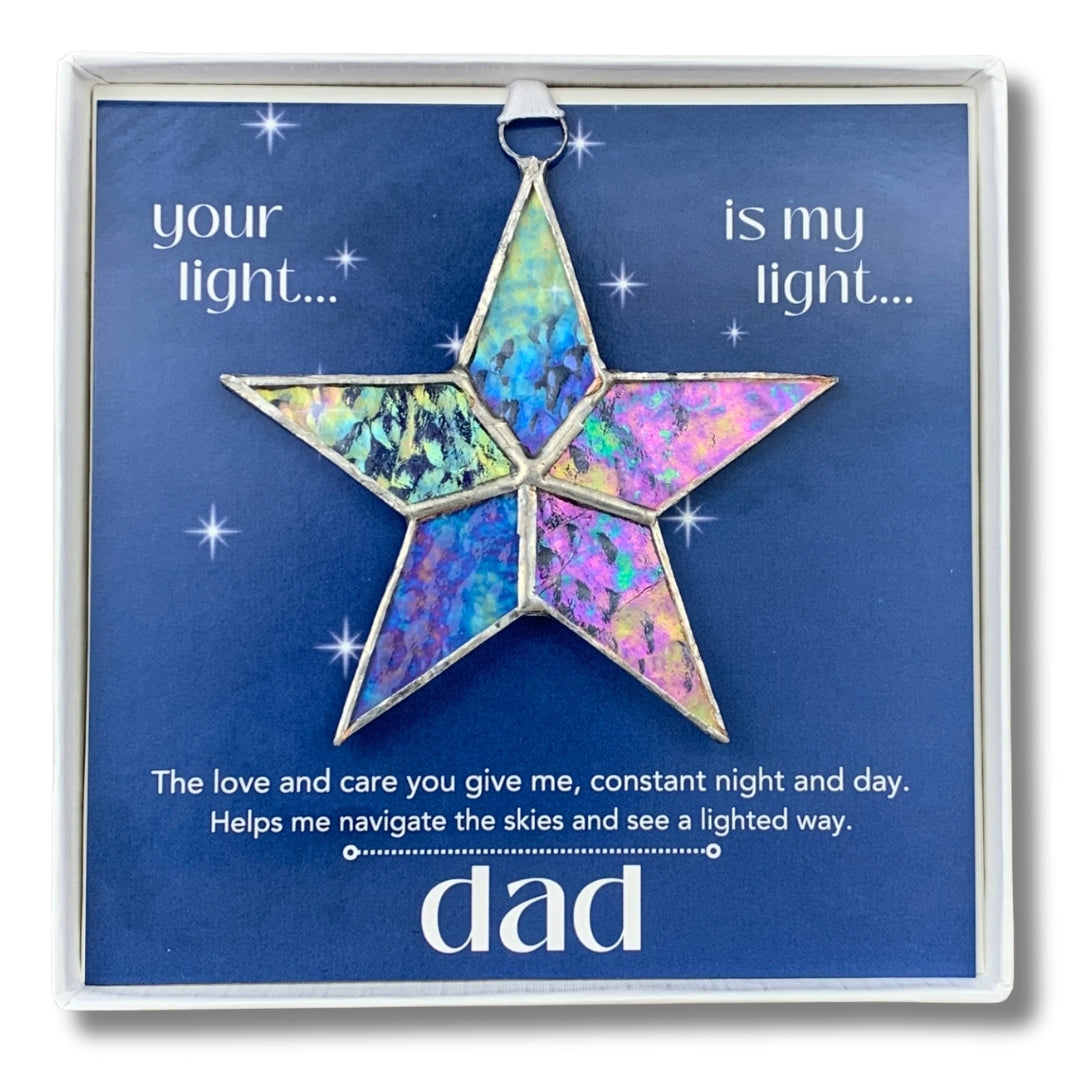 Handmade 4&quot; clear iridescent stained-glass star with silver edging, packaged with &quot;Dad&quot; sentiment in white gift box with clear lid.