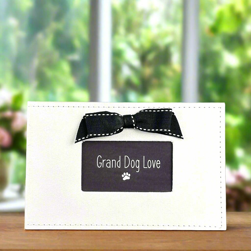 White faux suede photo album with black grosgrain ribbon bow and a window &quot;Grand Dog Love&quot;.