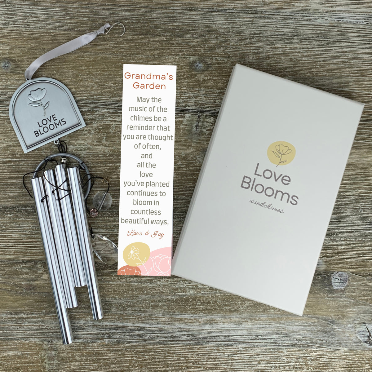 Love Blooms Windchime with Grandma&#39;s Garden poem card and box.