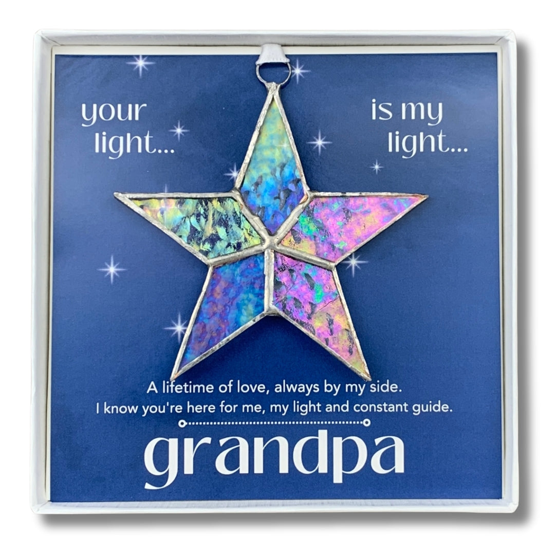 Handmade 4&quot; clear iridescent stained-glass star with silver edging, packaged with &quot;Grandpa&quot; sentiment in white gift box with clear lid.