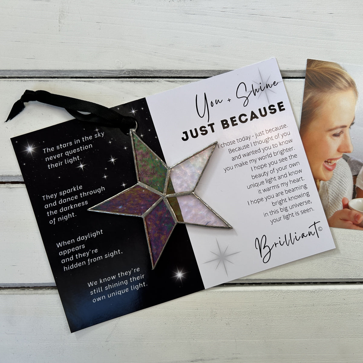 Just Because star and artwork with the &quot;You + Shine&quot; poem on the left side and the &quot;Just Because&quot; sentiment on the right side.