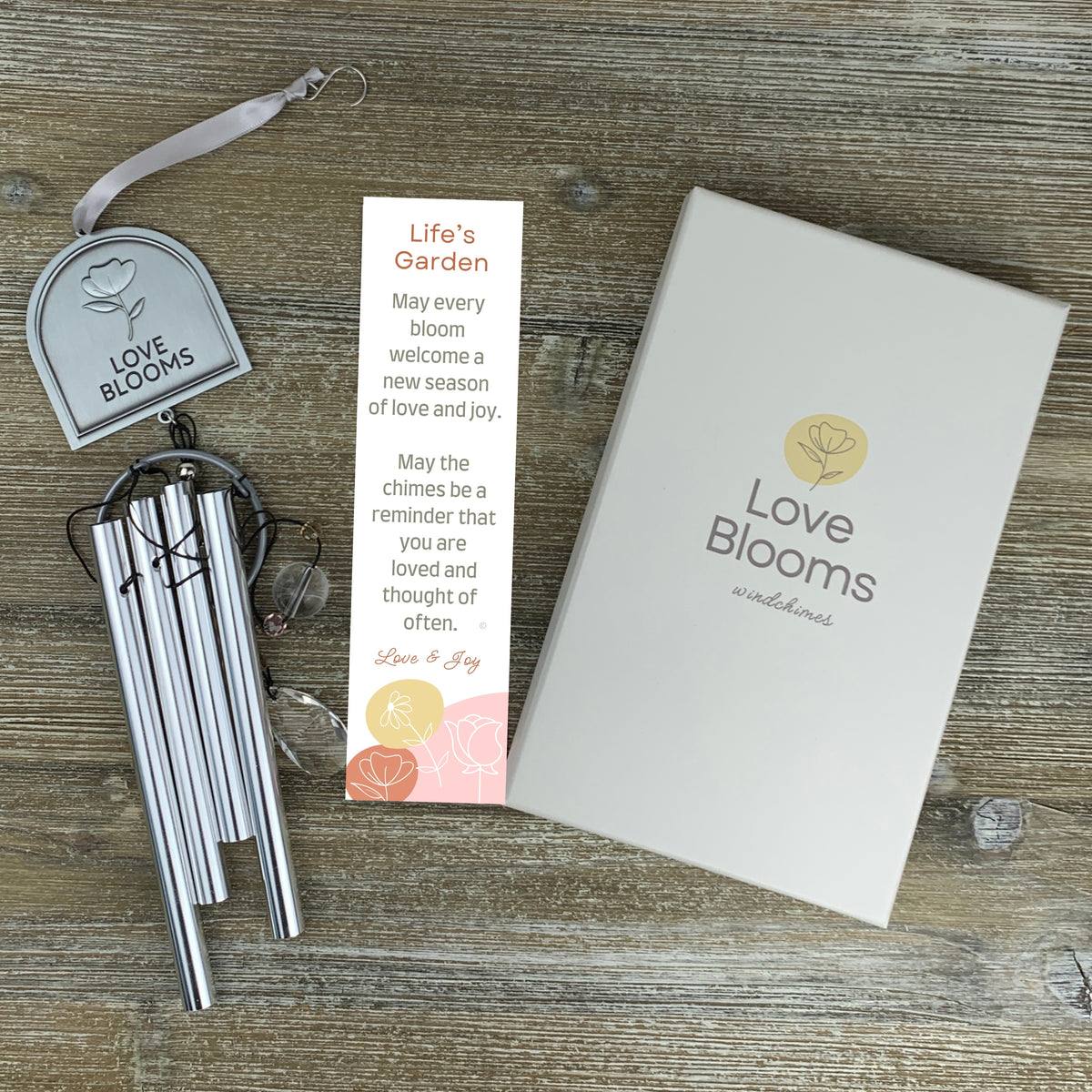 Love Blooms Windchime with Life&#39;s Garden poem card and box.