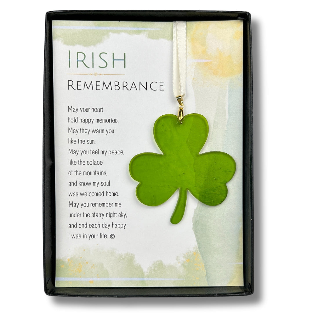 Irish Memorial Gift: Green stained glass shamrock packaged with &quot;Irish Remembrance&quot; Poem in a black box with a clear lid