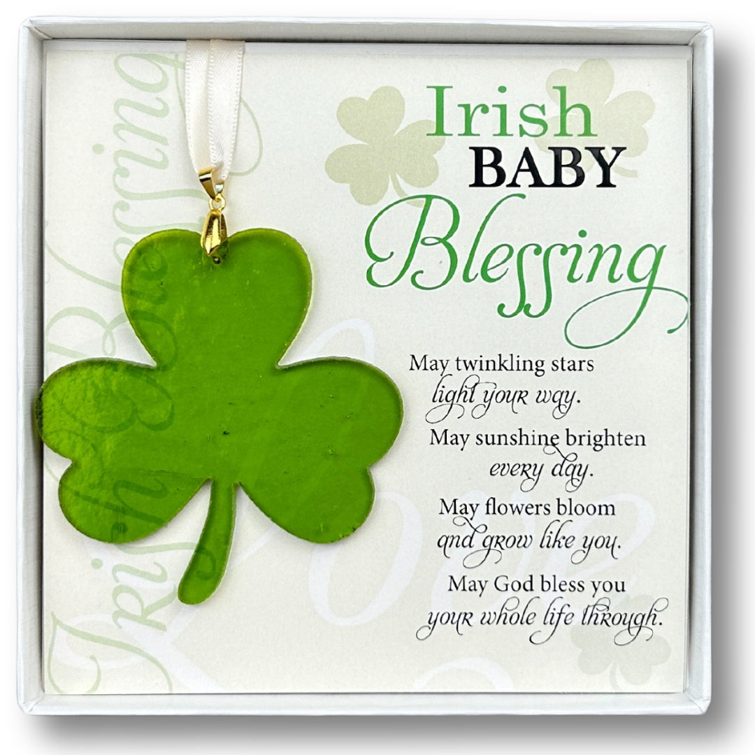 Irish Blessing Baby Gift - Handmade 3" green glass shamrock and "Irish Baby Blessing" sentiment in white box with clear lid.