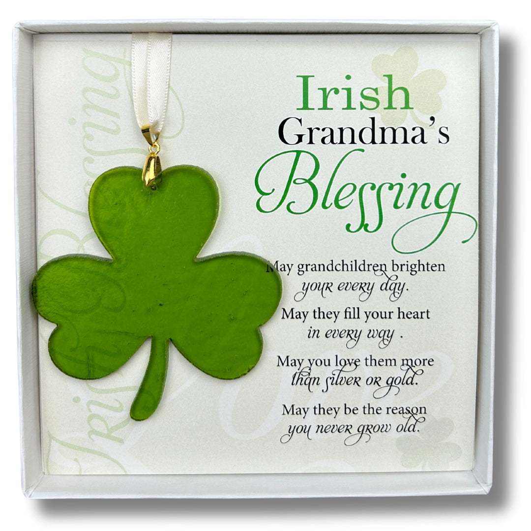 Irish Grandma Gift - Handmade 3" green glass shamrock and "Irish Grandma Blessing" sentiment in white box with clear lid.