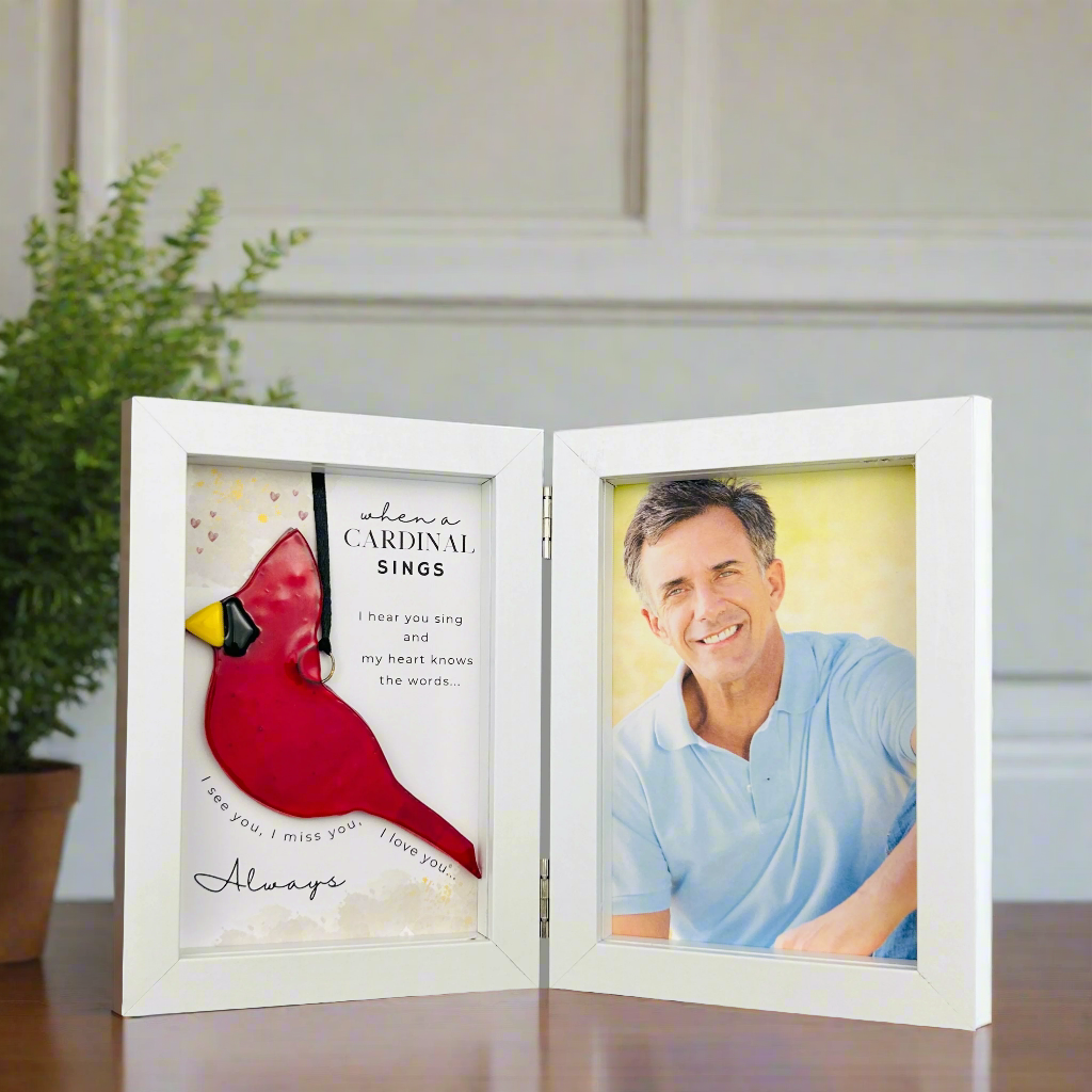 Memorial double frame with sentiment and glass cardinal on one side and space for a 4x6&quot; photo on the other side.