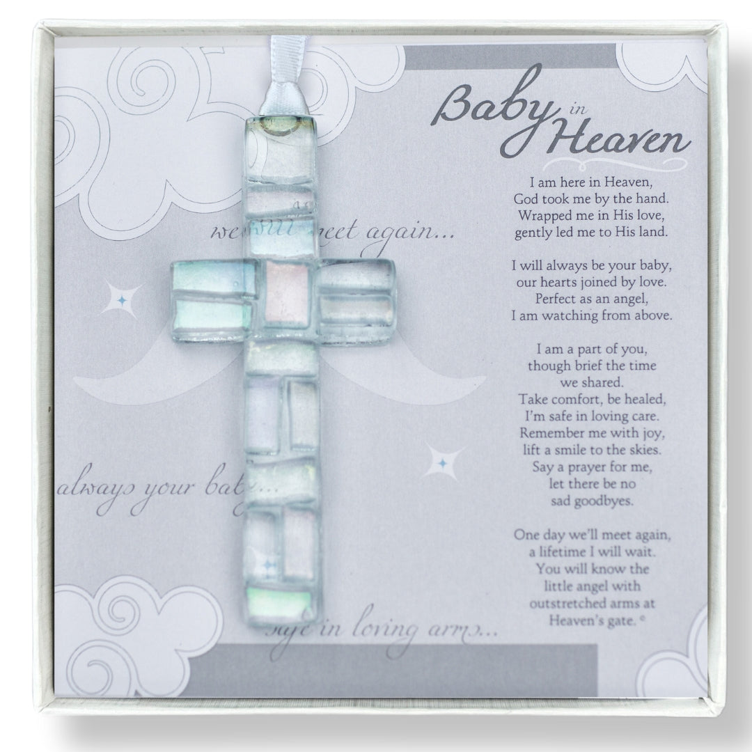 Baby in Heaven: Infant Loss Memorial Handmade Clear Mosaic Cross with Baby in Heaven sentiment on a folding card; packaged in a white 5.5"x5.5" box with a clear lid.