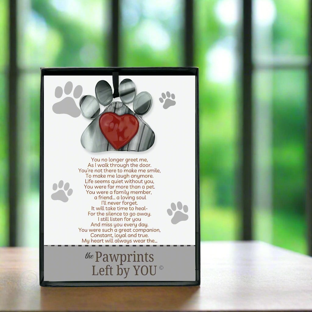 &quot;The Pawprints Left by You&quot; poem with a glass pawprint ornament.