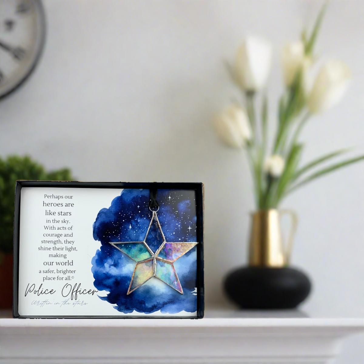 Police Officer gift on a fireplace mantle.