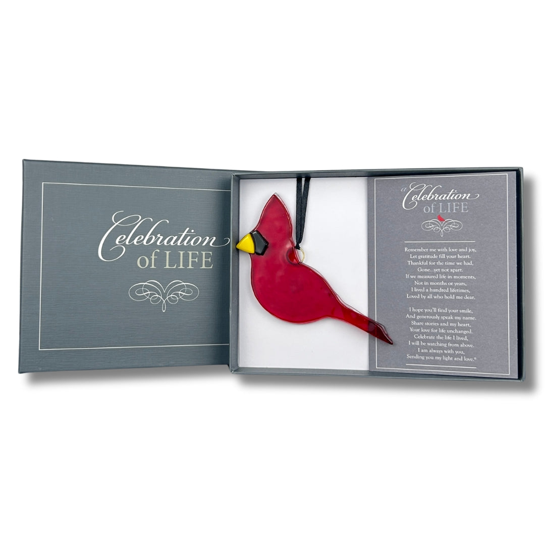 5&quot; glass cardinal ornament beautifully packaged with &quot;Celebration of Life&quot; poem card in a gray linen box