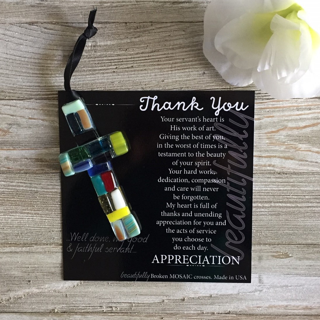 Mosaic cross with colorful glass lying next to the Thank You sentiment artwork.