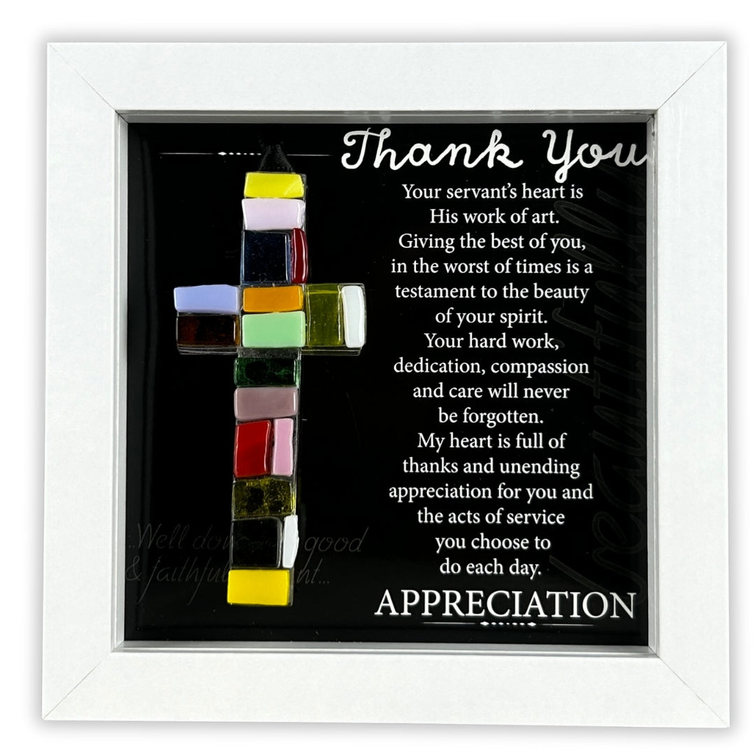 Handmade 4&quot; mosaic glass cross and &quot;Thank You&quot; sentiment in white shadow box frame.