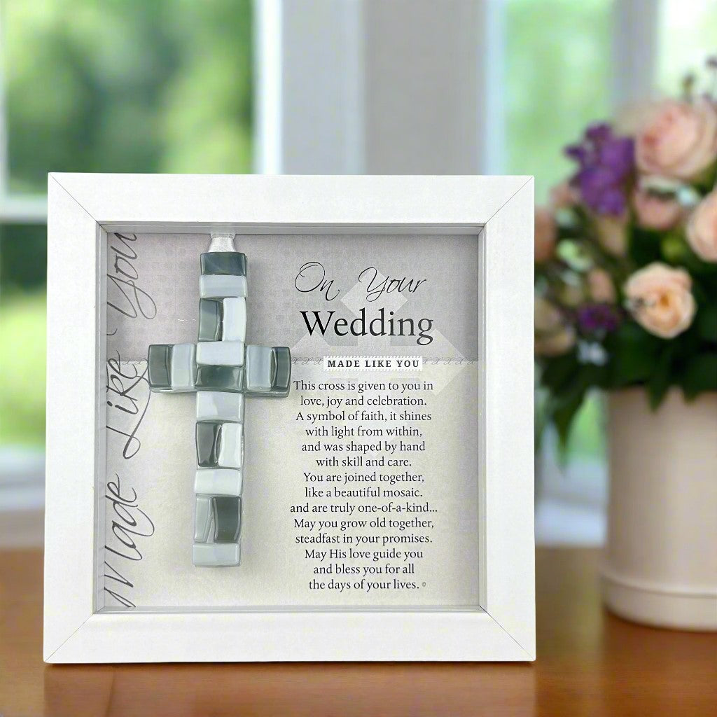 4&quot; gray mosaic glass cross with &quot;On Your Wedding&quot; sentiment in white shadow box.