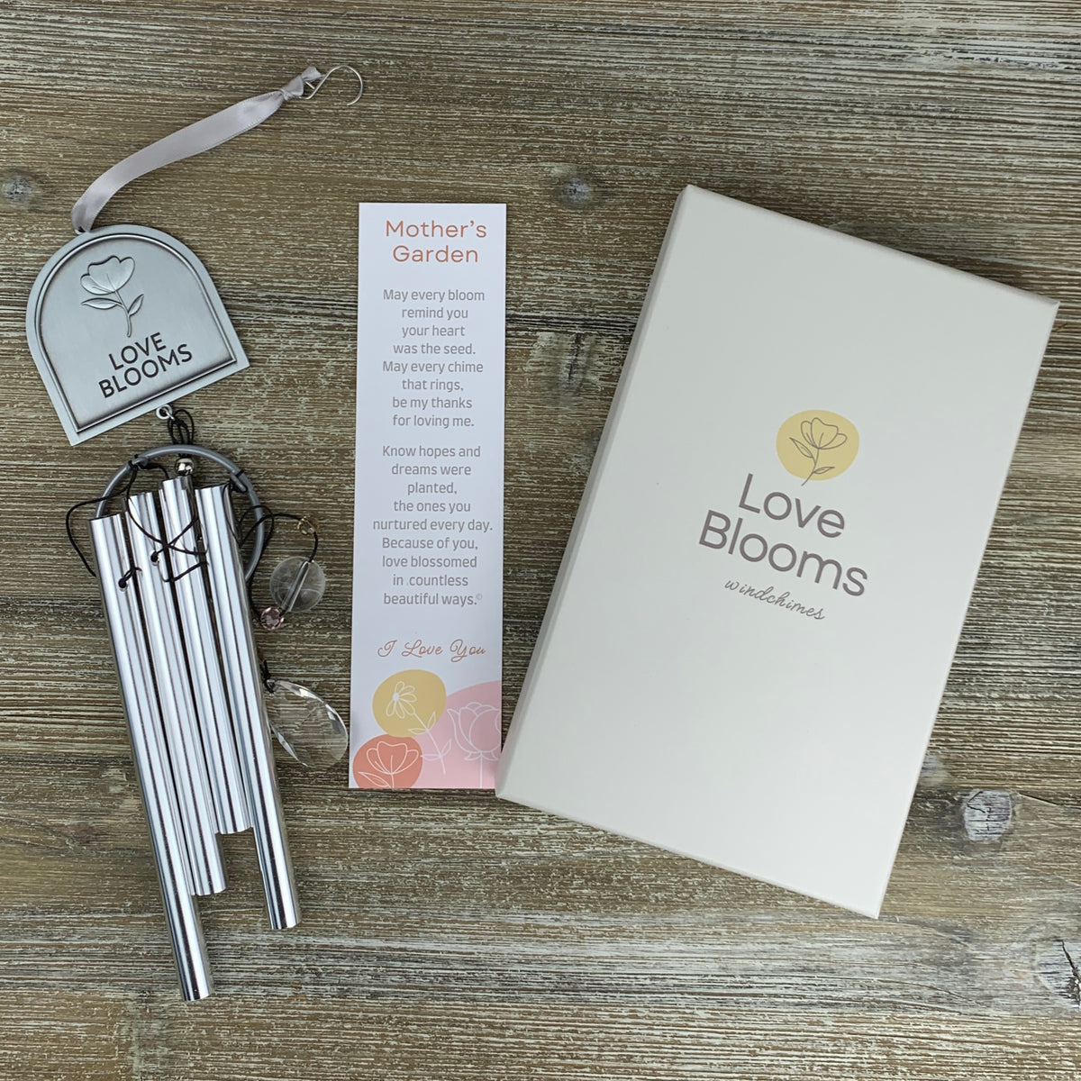 Love Blooms Windchime with Mother&#39;s Garden poem card and box.