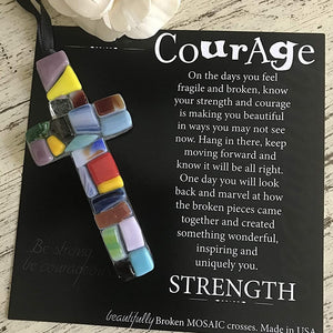 2 of 3:Glass mosaic cross with Courage artwork.