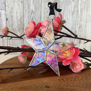 3 of 6:Clear iridescent stained glass star with silver edging with black satin ribbon.